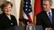 U.S. President George W. Bush, right, and German Chancellor Angela Merkel address a news conference at the White House on Jan. 13, 2006